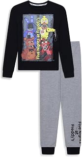 Five Nights at Freddy’s Boys Pyjamas - Official FNAF Long Sleeve Top & Jogger Bottoms Kids PJs Set - Black & Grey Marl Freddy Bonnie Chica Foxy Print - 100% Cotton - Ages 7-12 Years