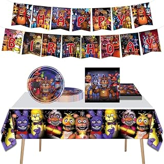 5 Nights Birthday Supplies, Freddy's Decorations include Banner, Tablecloth, Plates and Napkins for Party Decor