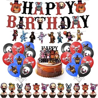 33PCS FNAF Birthday Decorations, Night Bear Party Decorations With Banner Latex Balloons Cake Topper Cupcake Toppers, Night Bear Theme Birthday Party Supplies for Kids Baby Shower