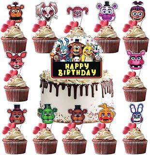 25Pcs FNAF Cake Topper, Includes 1 Happy Birthday Cake Toppers and 24 Cupcake Toppers for Birthday Party and 5 Nights Themed Party Dessert Decorations.